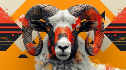 Abstract artistic illustration of an aries ram with vibrant orange background; surreal digital illustration representing the zodiac and astrology sign - obrazy, fototapety, plakaty