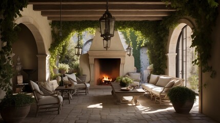 Sunlit Provencal-style courtyard loggia with stone arches wood beams rustic fireplace and antique fountain all draped in vines. - obrazy, fototapety, plakaty