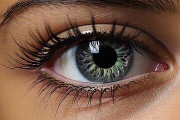 Naklejka premium Close-up of a woman's beautiful realistic human eye and amazing reflections, Generative AI.