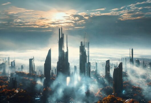 futuristic big city covered with thin fog and beautiful sunlight, generative ai  art