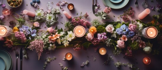 An elegant table adorned with a beautiful arrangement of flowers and candles, creating a romantic ambiance. The centerpiece features a bouquet of roses and other flowering plants in the rose family