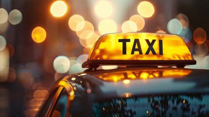 A glowing taxi sign atop a car reflects the vibrant city nightlife.