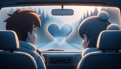 a couple in a car with a heart on the window. - obrazy, fototapety, plakaty