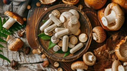 Fototapeta na wymiar Mushroom Supplement Tablets and Overhead View of Mushrooms