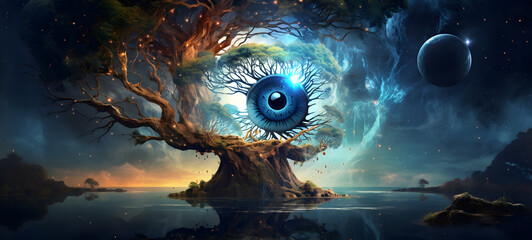 a tree of life with eyes as planets grow up out of my body, ai generative