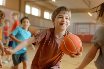 Happy Children Play Handball Match Indoor. Kids Play Sports During Physical Education Class - obrazy, fototapety, plakaty