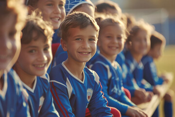 Happy Children in Sports Soccer Team. Kids Smiling and Sitting on Football Bench on the Stadium. Junior Soccer Team Play Tournament Match