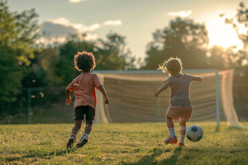 Little Children Running Towards Soccer Goal in Summer sunny Day. Happy Kids Play Sports For Fun