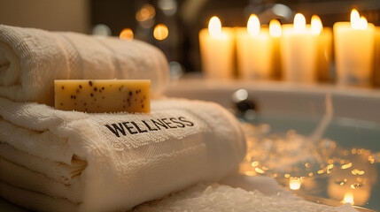 Luxury spa arrangement with wellness items candles and bath - obrazy, fototapety, plakaty