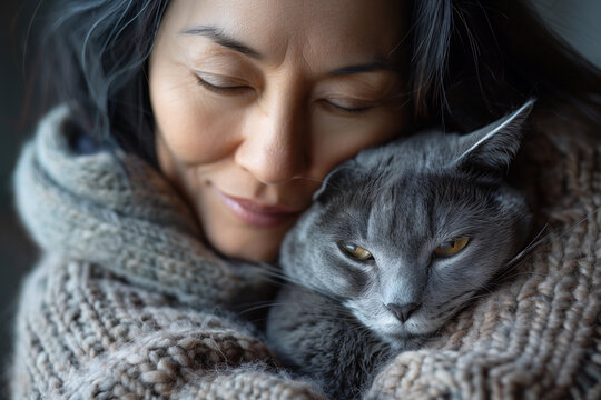 Happy mature asian woman cuddling her grey cute cat. Pet Sitter concept. 