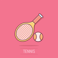 Tennis racket icon in comic style. Gaming racquet cartoon vector illustration on isolated background. Sport activity splash effect sign business concept.