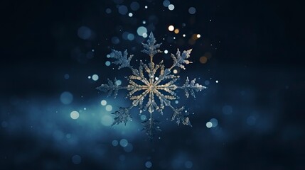Winter composition with single snowflake on dark background