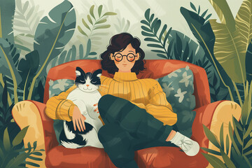 Pet Sitter Service illustration. Professional Pet Sitter concept. Cat Walking Service. 