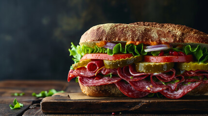 Submarine sandwich with salami and pickles - obrazy, fototapety, plakaty
