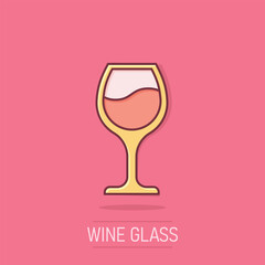 Wine glass icon in comic style. Champagne beverage cartoon vector illustration on isolated background. Cocktail drink splash effect sign business concept.