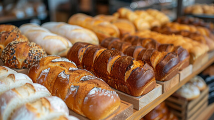 Bakery concept, different breads on the shelves