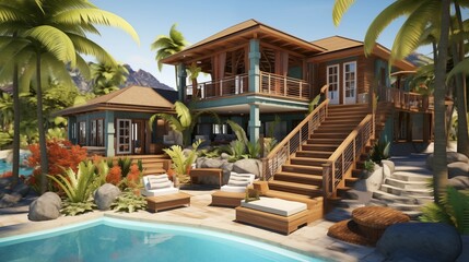 Fototapeta premium Tropical beach house with natural woods bright colors and outdoor living spaces.