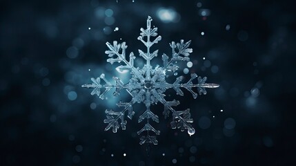 Winter composition with single snowflake on dark background