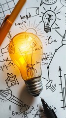 A white background with light bulbs and handdrawn elements, such as charts or graphs The bulb on the left is glowing yellow to symbolize an idea being born out of innovation Its surrounded by doodles 