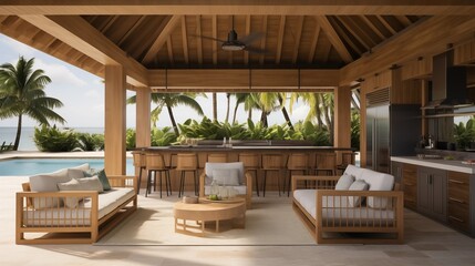 Tropical bungalow outdoor covered living room and kitchen with wood plank ceilings and beach access.