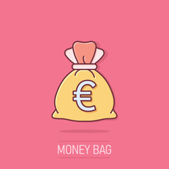 Money bag icon in comic style. Moneybag cartoon vector illustration on isolated background. Coin sack splash effect sign business concept.