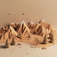 3d render, Beskidy mountains made from cardboard and paper, origami, sustainable, tree
