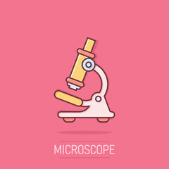 Microscope icon in comic style. Laboratory magnifier cartoon vector illustration on isolated background. Biology instrument splash effect sign business concept.