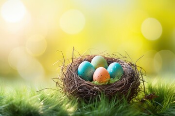 Fototapeta na wymiar Three painted easter eggs in a birds nest celebrating a Happy Easter on a spring day with a green grass meadow and blurred grass foreground and bright sunlight background with - generative ai