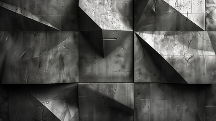 Dark grey grunge stone background with a large geometric texture of polygonal shapes pyramids and squares