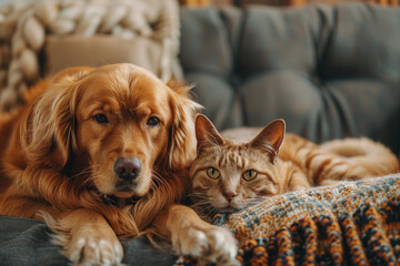 Dog golden retriever and brown cute cat sleeping on sofa together. Pet sitting concept.