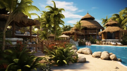 Tropical island resort with open-air palapas and thatched roofs. - obrazy, fototapety, plakaty