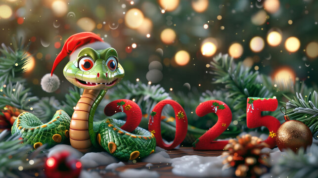The concept of the new year 2025. The concept of the year of the snake. Greeting banner with the image of a snake, fir branches, Christmas tree toys. Illustration of the new year 2025. Illustration of
