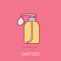 Hand sanitizer icon in comic style. Antiseptic bottle cartoon vector illustration on isolated background. Disinfect gel splash effect sign business concept.