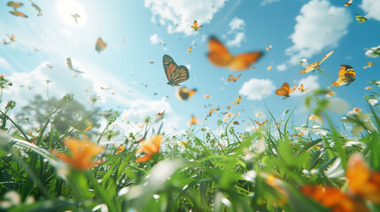 Fototapeta na wymiar Vibrant Butterflies Flying Amongst Wildflowers Under Sunny Sky