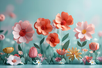 Mother's Day greeting card flowers on a blue background very colorful suitable for design. Volumetric 3D composition.