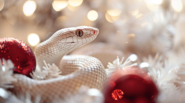 The concept of the new year 2025. The concept of the year of the snake. A shimmery greeting banner with an image of a snake, fir branches, and Christmas tree toys. Realistic photography.