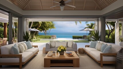 Fototapeta premium Tropical modern lanai with vaulted beadboard ceilings huge bifold door walls and indoor/outdoor living room.