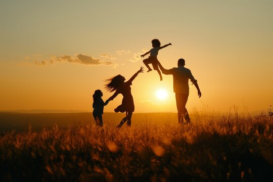 Silhouettes of family playing in sunset
