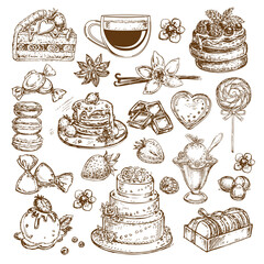 Hand drawn illustration with ice cream, various sweets, macarons, candies, chocolate and fruits - 767247389