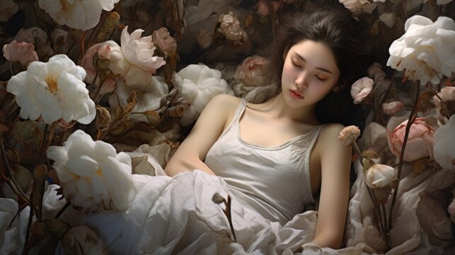 An ethereal young woman lies sleeping amongst a bed of pale cotton flowers, captured in a painterly style that evokes romantic and nostalgic sentiments, suitable for art and lifestyle themes.