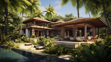 Fototapeta premium Tropical oasis beach house with open pavilion living areas lush gardens and Balinese resort vibe.