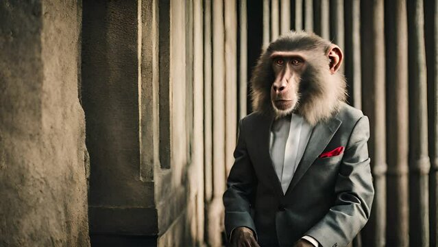 Humanized baboon monkey dressed in a formal business suit. Baboon wearing tie and jacket. Humanized animals concept. 
