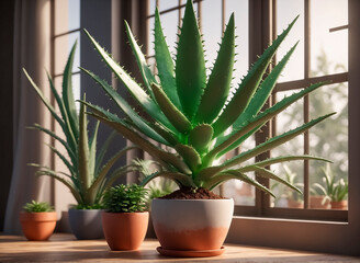 
Aloe plant in a flower pot on the windowsill