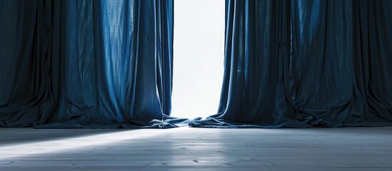 Vertical image of dark blue curtains in front of an empty white space