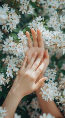Woman hands among the spring flowers. Floral background with beautiful female hands