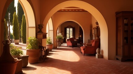 Tuscan villa with terracotta tile floors and arched doorways. - obrazy, fototapety, plakaty