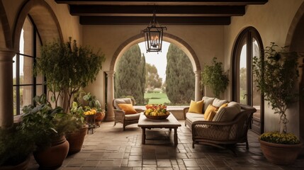 Tuscan-inspired indoor arched loggia with vaulted brick ceilings wood beams stone floors vintage arched doors and potted citrus trees. - obrazy, fototapety, plakaty