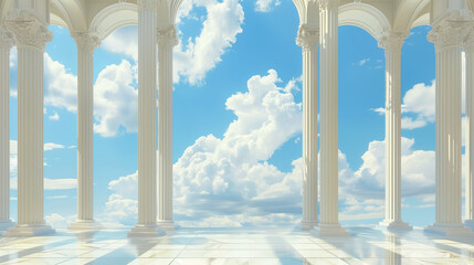 Classical White Columns Architecture with Ethereal Cloudy Sky - obrazy, fototapety, plakaty