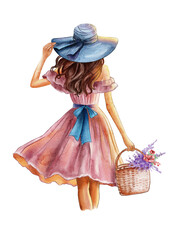 Girl, woman with long hair in a summer pink dress and blue hat with a flower basket of lavender flowers and poppies, back view, watercolor illustration. Concept, health, beauty, women's happiness