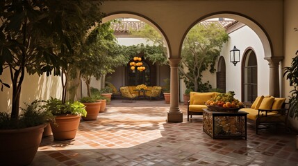 Fototapeta na wymiar Tuscan-inspired indoor courtyard with domed brick ceiling stone floors arched openings and integrated citrus grove.